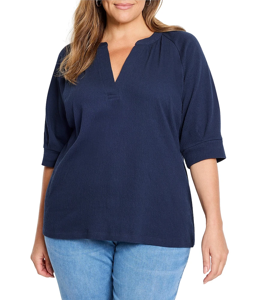 NIC + ZOE Plus Size Knit Split V-Neck Elbow Sleeve Caf Top