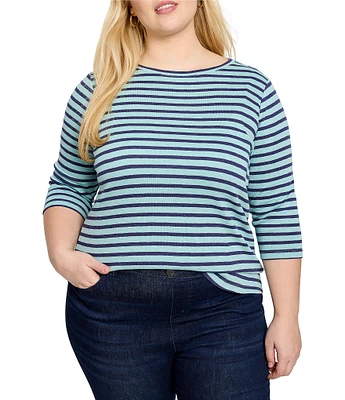 NIC + ZOE Plus Size Knit Stripe Print Boat Neck 3/4 Sleeve Tee