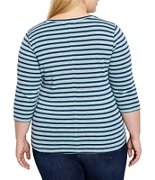 NIC + ZOE Plus Size Knit Stripe Print Boat Neck 3/4 Sleeve Tee