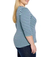 NIC + ZOE Plus Size Knit Stripe Print Boat Neck 3/4 Sleeve Tee
