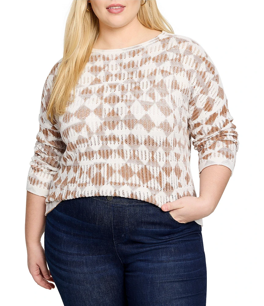 NIC + ZOE Plus Size Knit Textured Diamond Print Boat Neck Long Sleeve Top