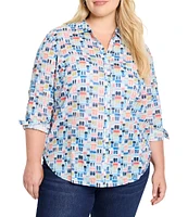 NIC + ZOE Plus Size Portofino Print Point Collar Long Sleeve Boyfriend Shirt