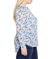 NIC + ZOE Plus Size Portofino Print Point Collar Long Sleeve Boyfriend Shirt