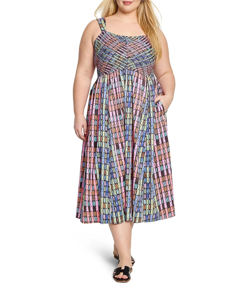 NIC + ZOE Plus Size Rainbow Macaroon Square Neck Sleeveless Midi Dress