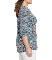 NIC + ZOE Plus Size Sand Dollar Henley Split V-Neck Long Sleeve Top