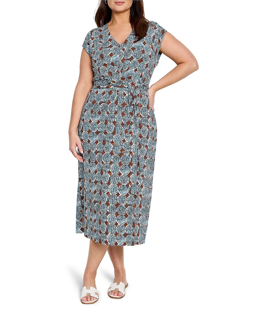 NIC + ZOE Plus Size Sand Dollar Stella Printed Knit V-Neck Short Sleeve Tie Waist Midi Dress