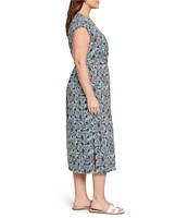 NIC + ZOE Plus Size Sand Dollar Stella Printed Knit V-Neck Short Sleeve Tie Waist Midi Dress