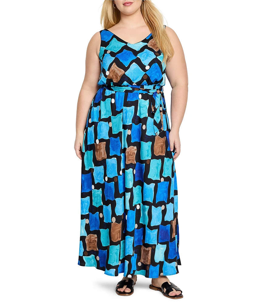 NIC + ZOE Plus Size Sea Glass V-Neck Sleeveless Tie Waist Maxi Dress