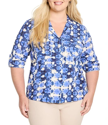 NIC + ZOE Plus Size Shibori Stone Notch Collar Long Sleeve Shirt