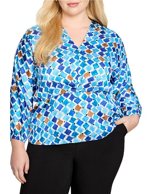 NIC + ZOE Plus Size Sofia Mosaic V-Neck 3/4 Dolman Sleeve Elastic Waist Top