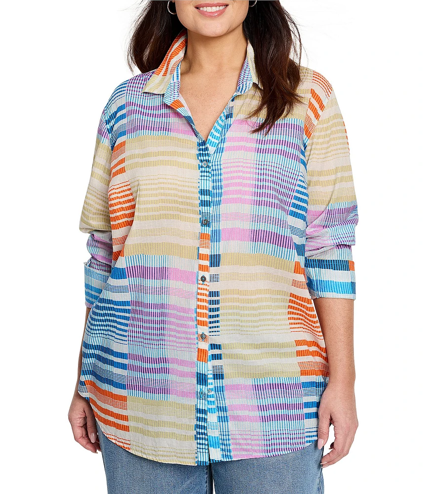 NIC + ZOE Plus Size Sunset Stripe Point Collar Long Sleeve Boyfriend Shirt