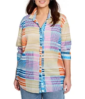 NIC + ZOE Plus Size Sunset Stripe Point Collar Long Sleeve Boyfriend Shirt