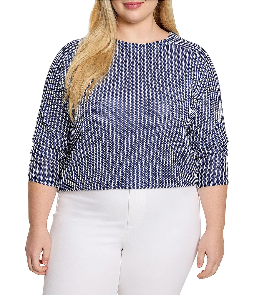 NIC + ZOE Plus Size Zig Zag Blues Round Neck Long Sleeve Top