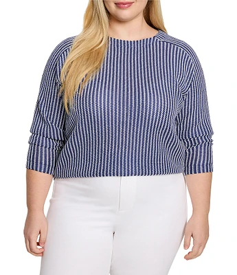 NIC + ZOE Plus Size Zig Zag Blues Round Neck Long Sleeve Top
