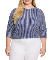 NIC + ZOE Plus Size Zig Zag Blues Round Neck Long Sleeve Top