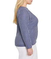 NIC + ZOE Plus Size Zig Zag Blues Round Neck Long Sleeve Top