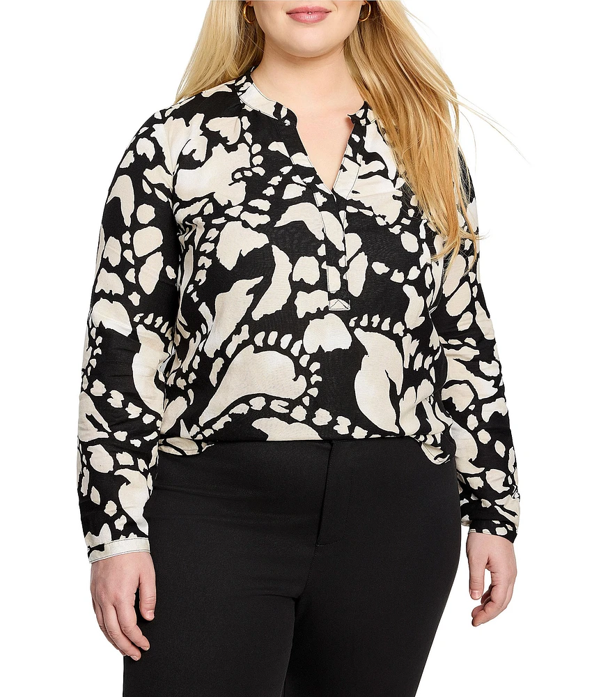 NIC + ZOE Plus Woven Evening Petal Split V-Neck Long Sleeve Shirt