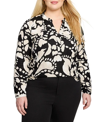 NIC + ZOE Plus Woven Evening Petal Split V-Neck Long Sleeve Shirt