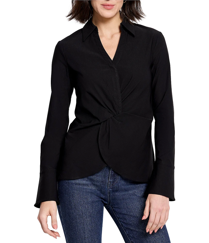 NIC + ZOE Polished Wonderstretch Point Collar Split V-Neck Long Sleeve Twist Front Shirt