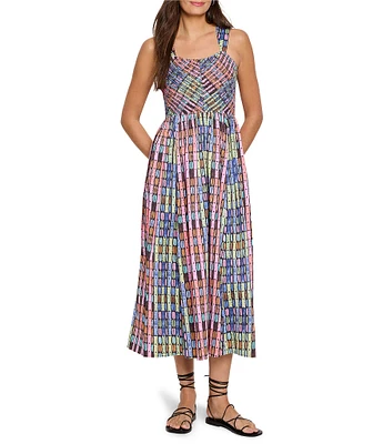 NIC + ZOE Rainbow Macaroon Print Square Neck Sleeveless Midi Dress