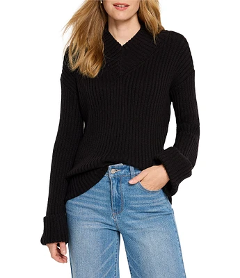 NIC + ZOE Ribbed Knit V-Neck Long Sleeve Fold Up Cuff Sweater