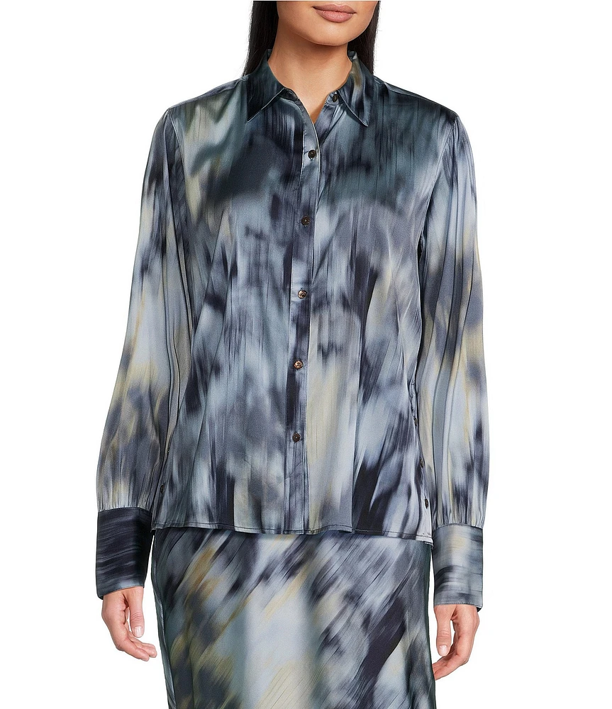 NIC + ZOE Romance Silk Watercolor Blend Print Point Collar Long Sleeve Top