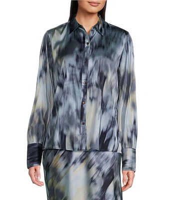 NIC + ZOE Romance Silk Watercolor Blend Print Point Collar Long Sleeve Top