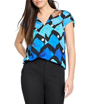 NIC + ZOE Sea Glass Print V-Neck Ruched Short Sleeve Coordinating Top
