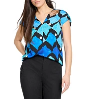 NIC + ZOE Sea Glass Print V-Neck Ruched Short Sleeve Coordinating Top