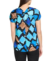 NIC + ZOE Sea Glass Print V-Neck Ruched Short Sleeve Coordinating Top