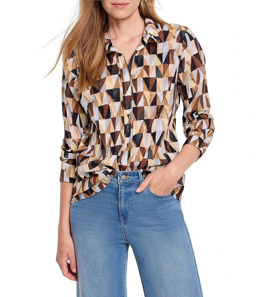 NIC + ZOE Shadow Play Printed Crinkle Button Front Point Collar Long Sleeve Top