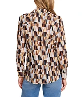 NIC + ZOE Shadow Play Printed Crinkle Button Front Point Collar Long Sleeve Top