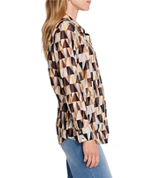 NIC + ZOE Shadow Play Printed Crinkle Button Front Point Collar Long Sleeve Top