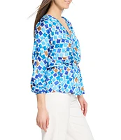 NIC + ZOE Sofia Mosaic V-Neck 3/4 Sleeve Elastic Waist Top