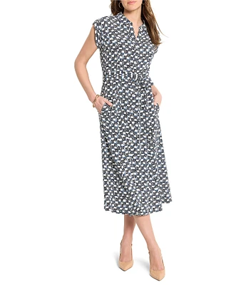 NIC + ZOE Sonni Basket Weave Print Shirt Collar Cap Sleeve Shirt Dress