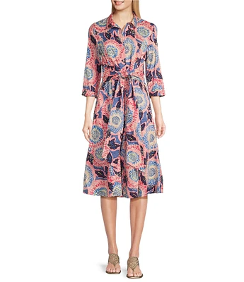 NIC + ZOE Stretch Cotton Scribble Blooms Print 3/4 Sleeve Midi Shirt Dress