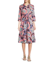 NIC + ZOE Stretch Cotton Scribble Blooms Print 3/4 Sleeve Midi Shirt Dress