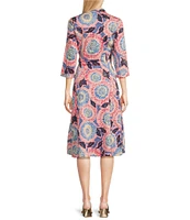 NIC + ZOE Stretch Cotton Scribble Blooms Print 3/4 Sleeve Midi Shirt Dress