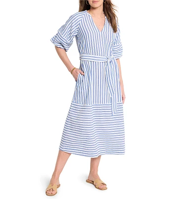 NIC + ZOE Stripe Double Gauze V-Neck Elbow Sleeve Tie Waist Midi Dress