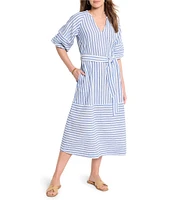 NIC + ZOE Stripe Double Gauze V-Neck Elbow Sleeve Tie Waist Midi Dress