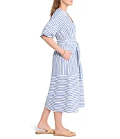 NIC + ZOE Stripe Double Gauze V-Neck Elbow Sleeve Tie Waist Midi Dress