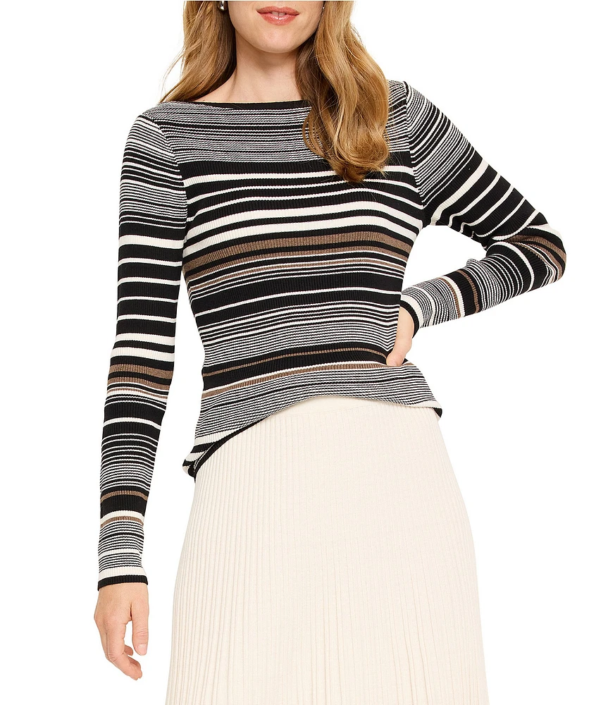 NIC + ZOE Stripe Ribbed Knit Boat Neck Long Sleeve Sweater