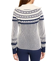 NIC + ZOE Sweater Knit Fair Isle Pattern Fold Over Collar Long Sleeve Zip Front Cardigan