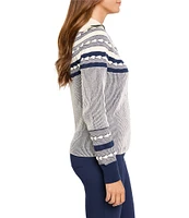 NIC + ZOE Sweater Knit Fair Isle Pattern Fold Over Collar Long Sleeve Zip Front Cardigan