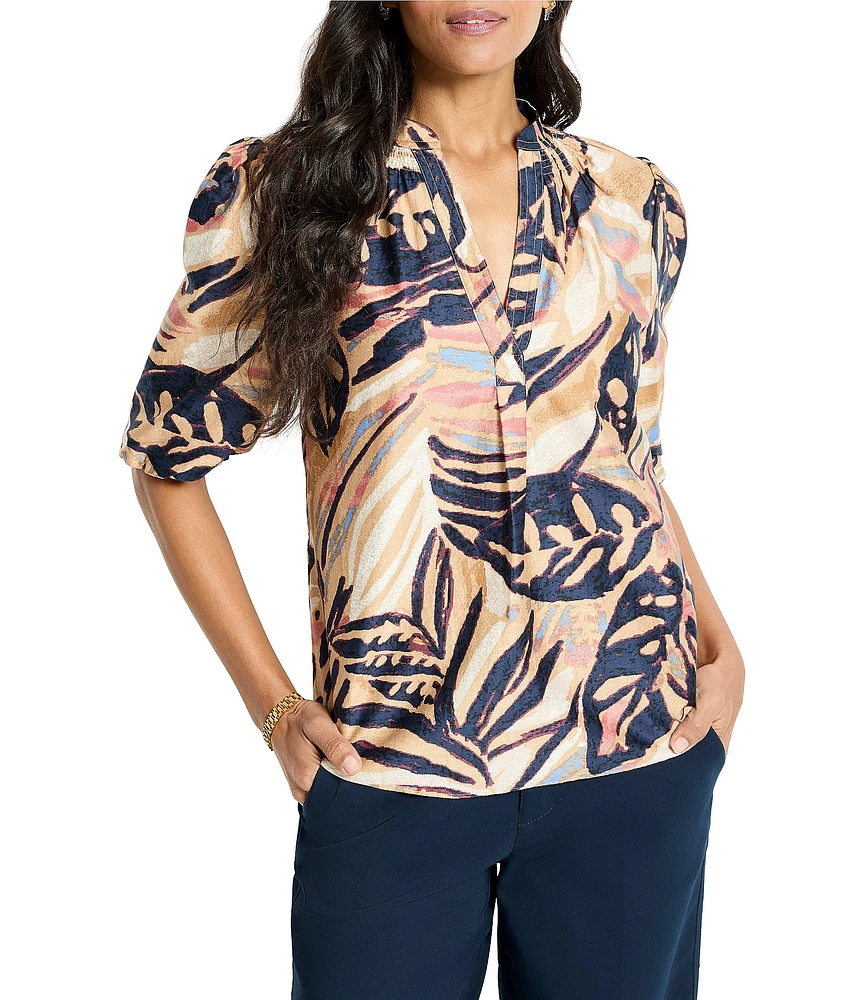 NIC + ZOE Terracotta Tropical Garden V-Neck Elbow Puff Sleeve Top