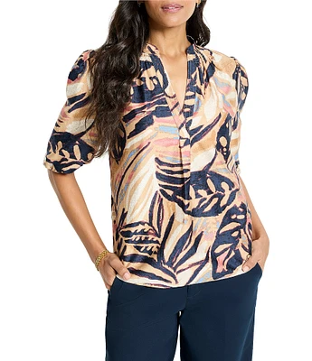 NIC + ZOE Terracotta Tropical Garden V-Neck Elbow Puff Sleeve Top