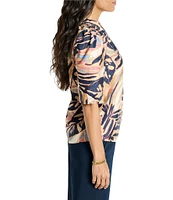 NIC + ZOE Terracotta Tropical Garden V-Neck Elbow Puff Sleeve Top
