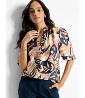 NIC + ZOE Terracotta Tropical Garden V-Neck Elbow Puff Sleeve Top