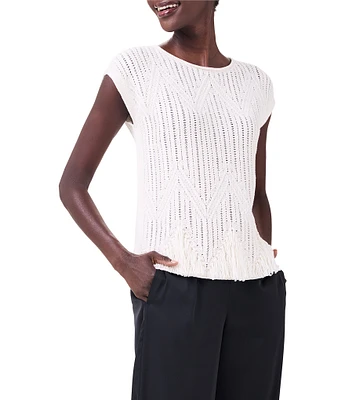 NIC + ZOE Textured Swing Knit Geometric Pattern Round Neck Cap Sleeve Fringe Top