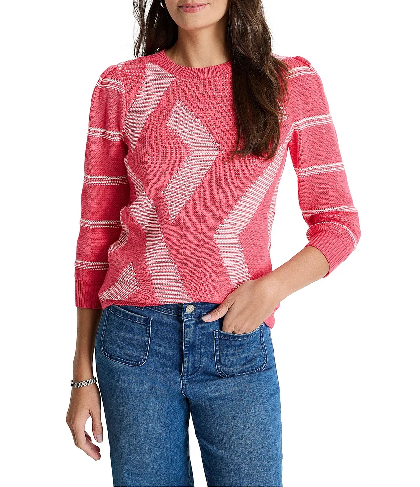 NIC + ZOE This And That Novelty Cotten Blend Knit Round Neck 3/4 Sleeve Sweater